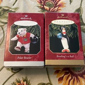 Set of 2 Hallmark ornaments with bowling theme, EUC in original boxes